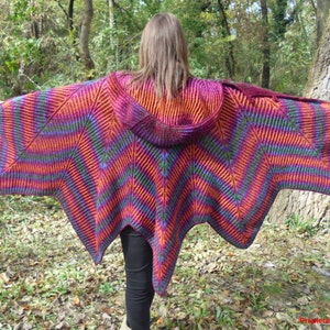 May include: A hooded cape in a vibrant chevron pattern of orange, purple, green, and blue. The knitted garment has a wide, flowing shape with a pointed hemline. The person is standing outdoors with arms outstretched.