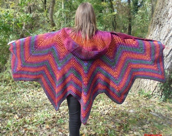 Poncho de mujer Patrón de tejido Patrón de poncho de punto Reversible Poncho brioche de 2 colores Con capucha Pelerine Chevron Chal de punto Poncho de talla grande