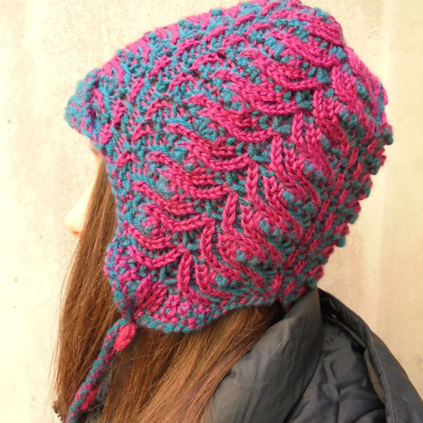 Earflap hat knitting pattern, Brioche knit women's earflap hat, Women's hat pattern 2 color Brioche, Peruvian colorful hat, Teen's hat