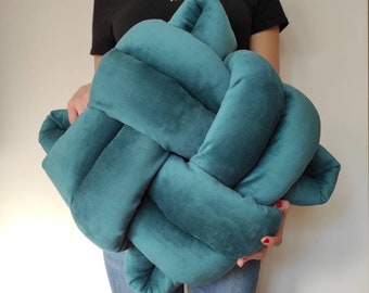 Flat Knot Pillow Turquoise Throw Pillow Knot Cushion Teal Velvet Sofa Cushion Decor Accent Knot Cushion Modern Pillow Unique Decor Pillow