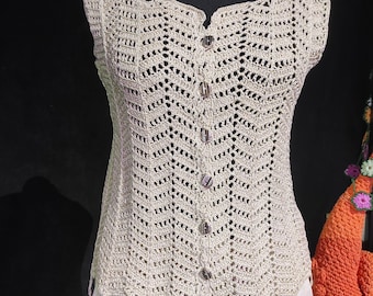 Beige sparkling mesh top, Crochet mesh vest, Golden-beige cotton lace women's vest, Sleeveless women's garment, Crochet summer elegant vest