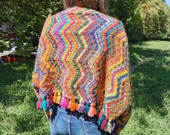 Chevron Scarf Knitting Pattern, Colorful Chevron Wrap Knitting Pattern, Colorful Poncho Women&#39;s Knitting Pattern, Colorful Cape PDF