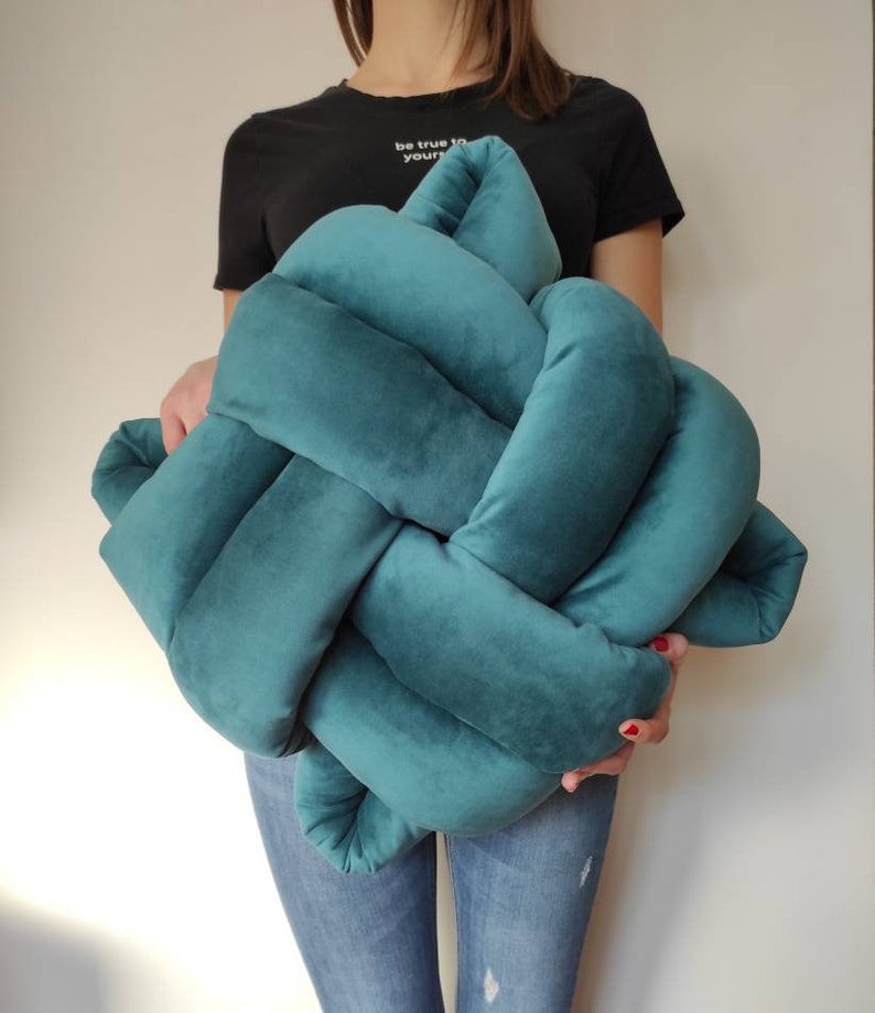 Decor Flat Knot Pillow, Golden Throw Pillow, Velvet Sofa Cushion, Home Decor Accent, Knot Cushion, Modern Pillow, Unique Velvet Knot Pillow 02-teal blue