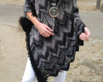 Hand-Knitted Fringed Poncho, Grey Chevron Knit Shrug, L-XXL