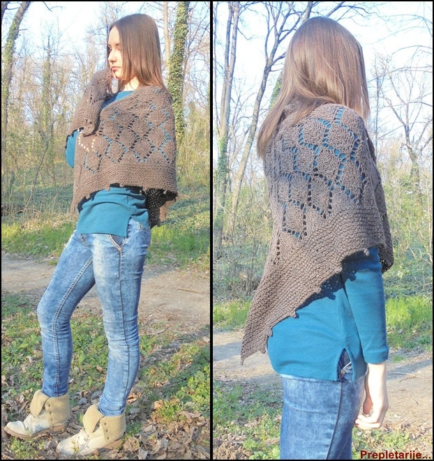 Women's Romantic Lace Shawl Hand knit Spring Wrap Unique Gift For Wife Woolen Winter Kerchief Three-cornered Shawl Brown Tweed Women's Scarf
