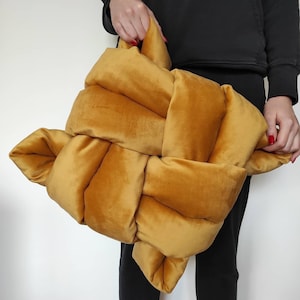 Decor Flat Knot Pillow, Golden Throw Pillow, Velvet Sofa Cushion, Home Decor Accent, Knot Cushion, Modern Pillow, Unique Velvet Knot Pillow