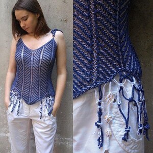 Women's Summer Top Navy Blue Top Hand Knit Corset Cotton Sleeveless Shirt Women's Summer Crochet Top Women's Reversible Shirt Blue Knit Top image 6