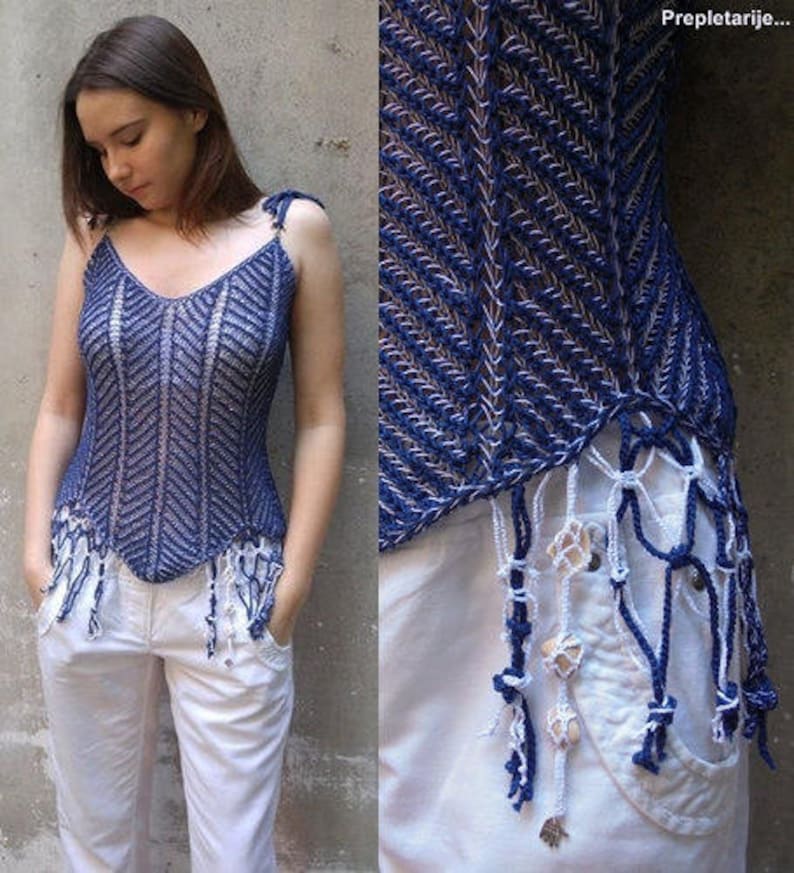 Women's Summer Top Navy Blue Top Hand Knit Corset Cotton Sleeveless Shirt Women's Summer Crochet Top Women's Reversible Shirt Blue Knit Top image 6