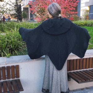 Black hooded poncho women&#39;s, Goth hooded pelerine, Knit hooded poncho,Unique women&#39;s knitwear, Black XXL size goth poncho, Goth women&#39;s cape