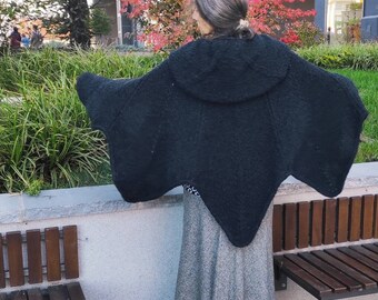 Black hooded knit poncho women's, Goth hooded pelerine, OOAK women's knitwear, Black XXL size goth poncho, Goth women's knit cape