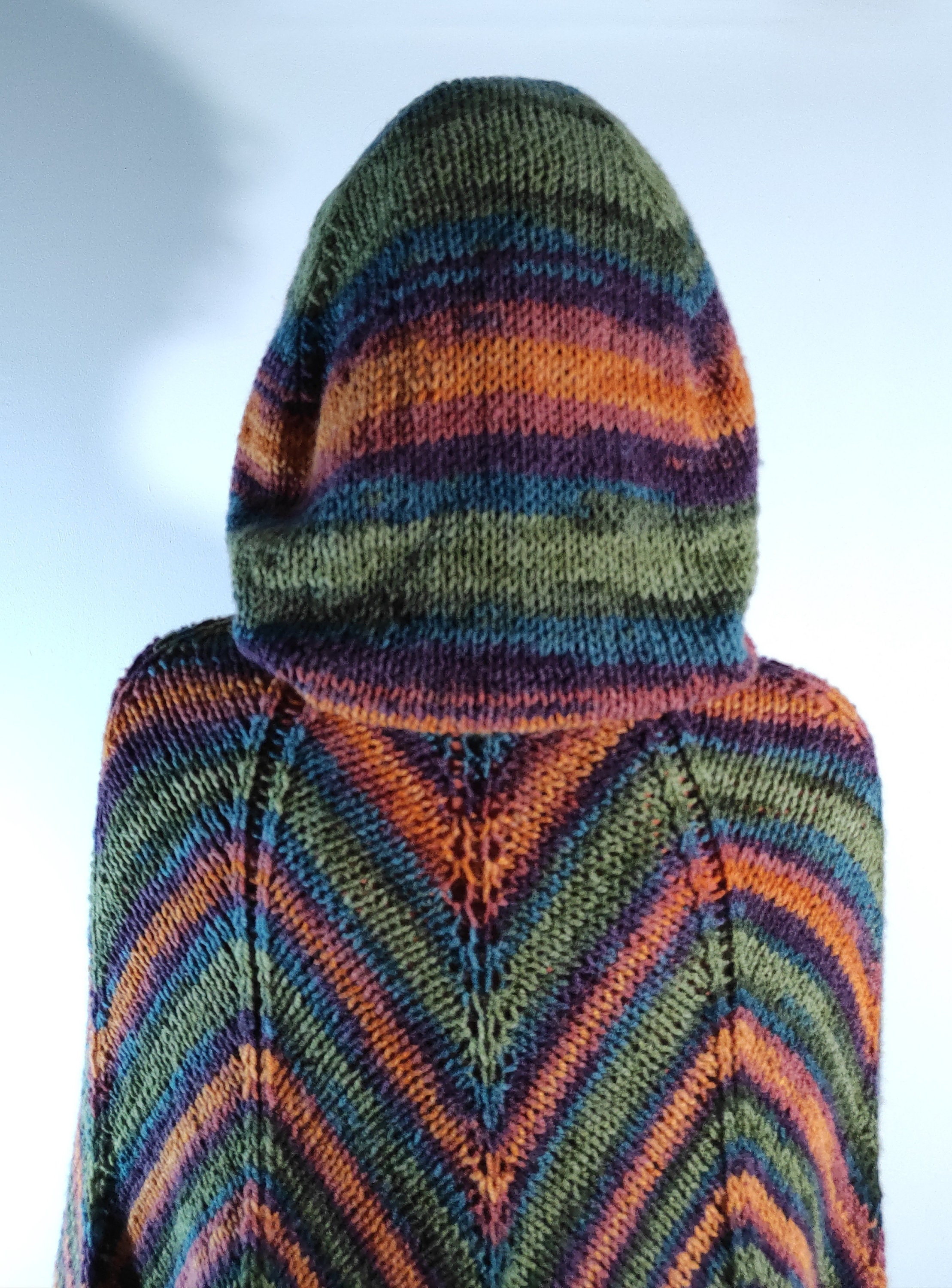 Hooded Poncho Women's Knitting Pattern, Colorful Hooded Pelerine