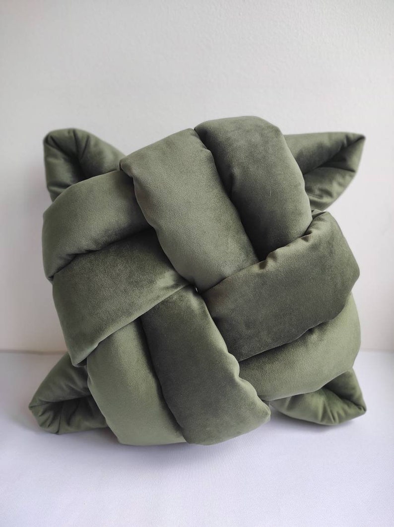 Flat Knot Pillow Turquoise Throw Pillow Knot Cushion Teal Velvet Sofa Cushion Decor Accent Knot Cushion Modern Pillow Unique Decor Pillow 03-olive green