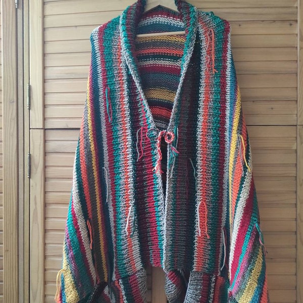 Cocoon Wrap Sweater Knitting pattern, Colorful striped Batwing sleeve cardigan women's XXXL Knitting pattern, Plus Size Knit Cocoon Sweater