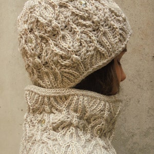Sparkling women's winter set, Beige hand knit brioche hat, Sophisticated Lux hat and cowl, Brioche knit set, Luxury gift woman's knit hat