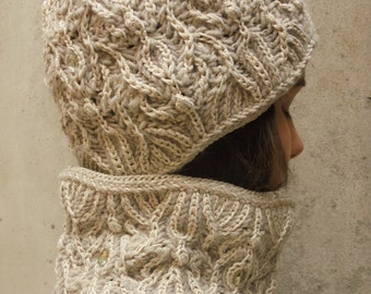 Sparkling women's winter set, Beige hand knit brioche hat, Sophisticated Lux hat and cowl, Brioche knit set, Luxury gift woman's knit hat