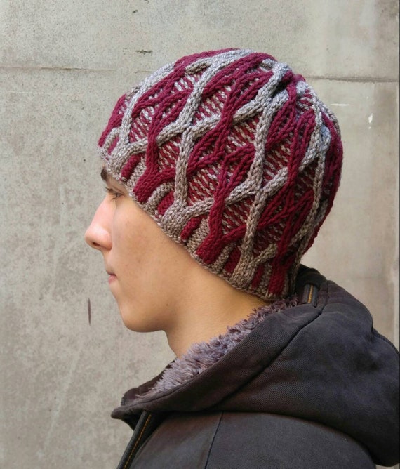Aran Cable Winter Hat Knitting Pattern, 2 Color Beanie Knitting