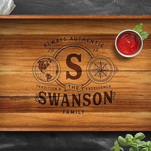 Personalized Teak Serving Tray, Engraved Wood Tray with Handles