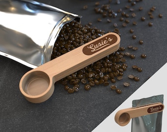 Personalized Beech Wood Coffee Scoop, Bag Clip
