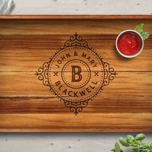 Personalized Teak Serving Tray with Handles, Engraved Wood Tray
