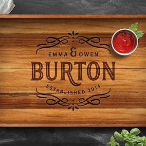 Personalized Teak Serving Tray with Handles, Engraved Wood Tray