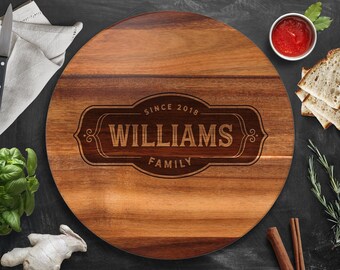 Personalized Acacia Wood Lazy Susan Turntable, Engraved Family Name
