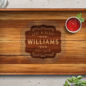 Personalized Teak Serving Tray, Engraved Wood Tray with Handles