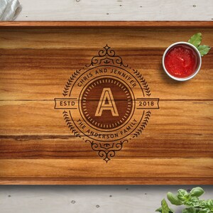 Personalized Teak Serving Tray with Handles, Engraved Wood Tray