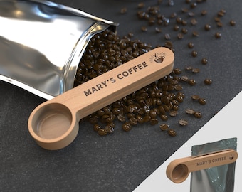 Personalized Beech Wood Coffee Scoop, Bag Clip, Engraved Gift