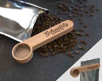 Personalized Beech Wood Coffee Scoop, Bag Clip, Engraved Design