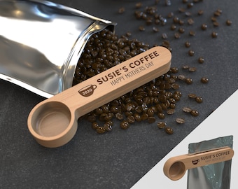 Personalized Beech Wood Coffee Scoop, Engraved Tea Spoon Clip, Mother's Day Gift