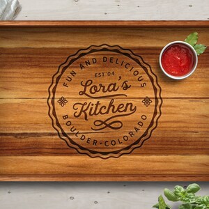 Personalized Teak Serving Tray with Handles, Engraved Wood Tray