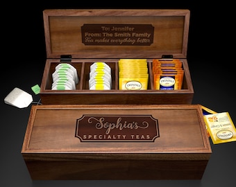 Personalized Acacia Wood Tea Box, Custom Tea Organizer