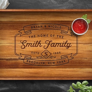 Personalized Teak Serving Tray, Engraved Wood Tray with Handles