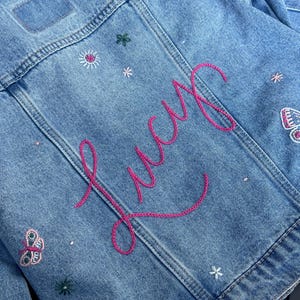 CHOOSE FROM 5 THEMES | Hand Embroidered Denim Jacket - Kids, Toddlers, Adults | Personalized Jean Jacket | Shower Gift | Baby Announcement