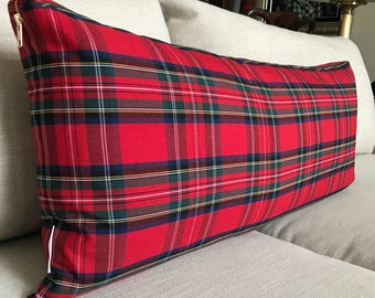 Oversized Red Plaid Lumbar Pillow Cover | Christmas Lumbar Pillow, Christmas Plaid, Skinny Pillow, Extra Long Lumbar, Stewart Tartan Plaid