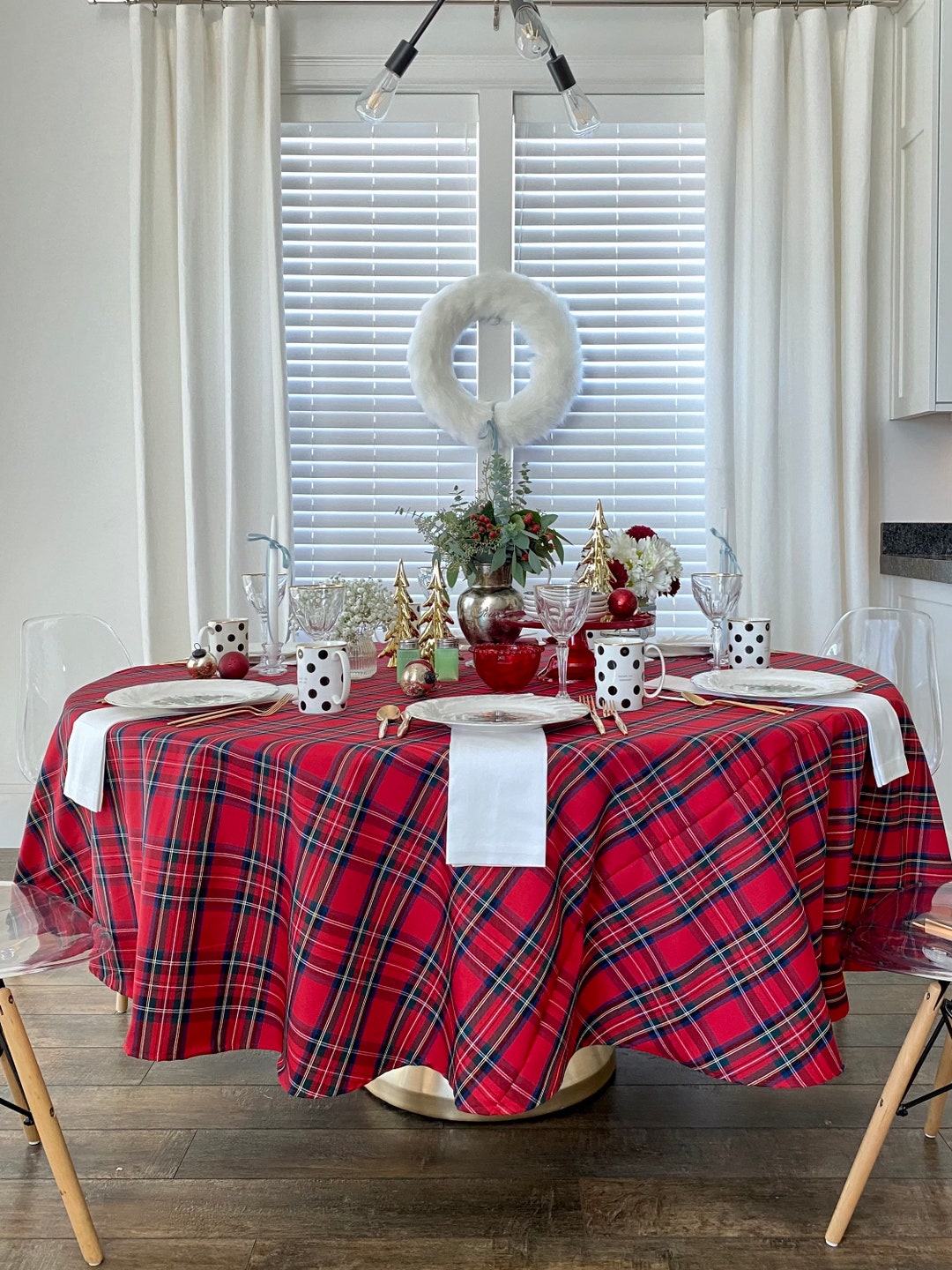 Round Tartan Plaid Tablecloth Red, Green & Black Plaid, Christmas