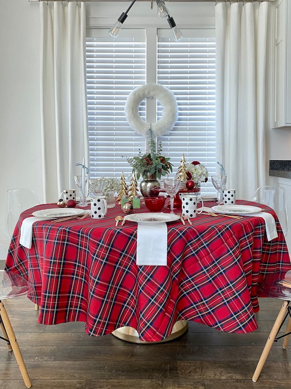 Round Tartan Plaid Tablecloth | Red, Green & Black Plaid, Christmas, Thanksgiving, Royal Stewart Holiday Table Linens, Burns Night