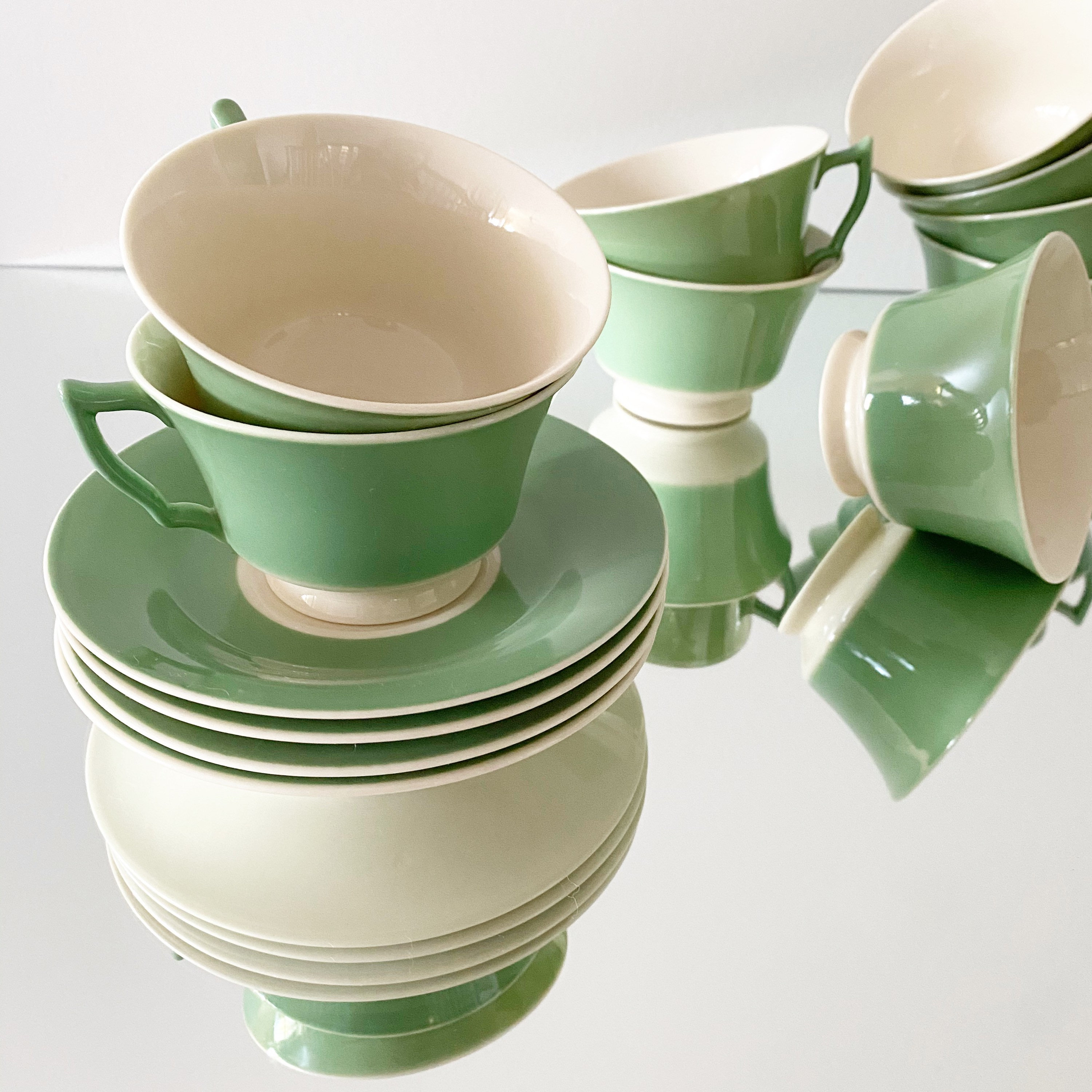 Vintage 1940s Green Teacup & Saucer MidCentury Tableware, Art Deco