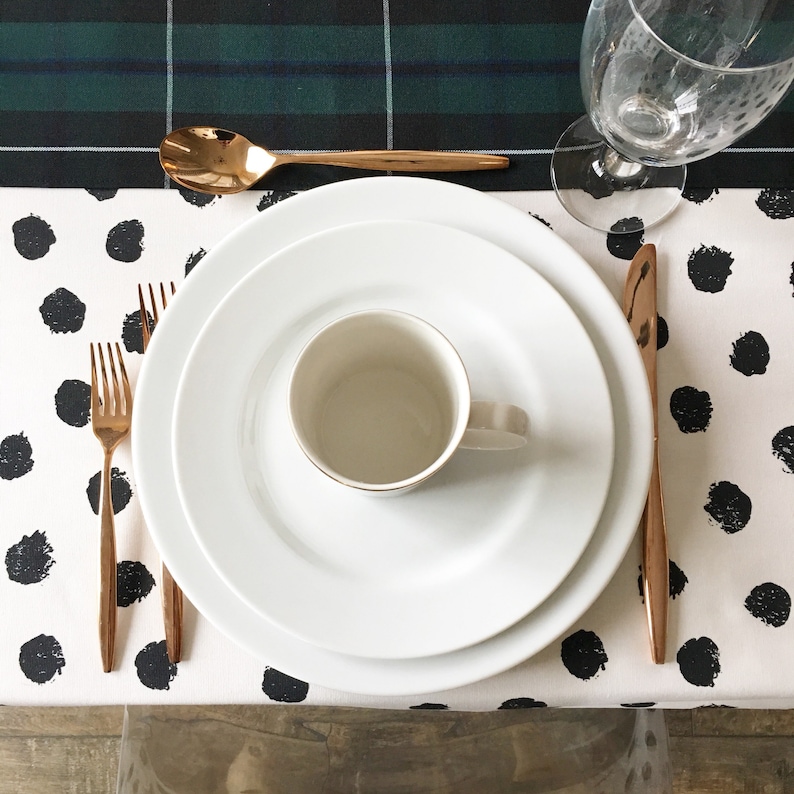 Polka Dot Tablecloth Black and White Tablecloth, Christmas Tablecloth, Holiday Table Linens, Holiday Tablecloth, Polka Dot Print Linen image 2