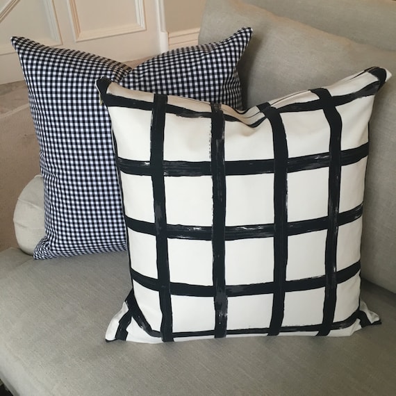 Windowpane Plaid Pillow Cover, Black and White Pillow Cover, Throw Pillow, Windowpane Print Linen, Plaid Pillow Cover, Check Print