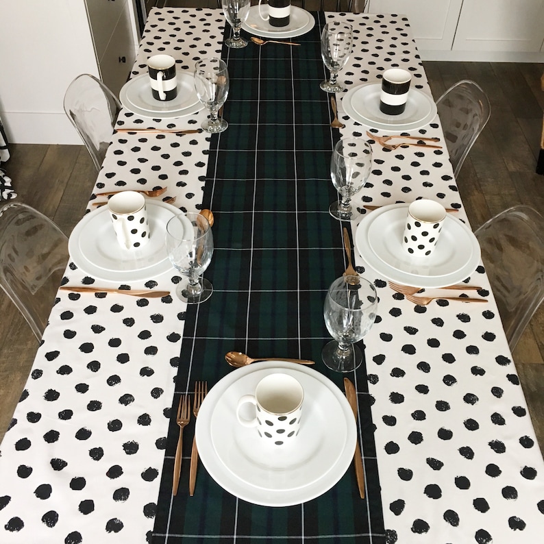 Polka Dot Tablecloth Black and White Tablecloth, Christmas Tablecloth, Holiday Table Linens, Holiday Tablecloth, Polka Dot Print Linen image 3