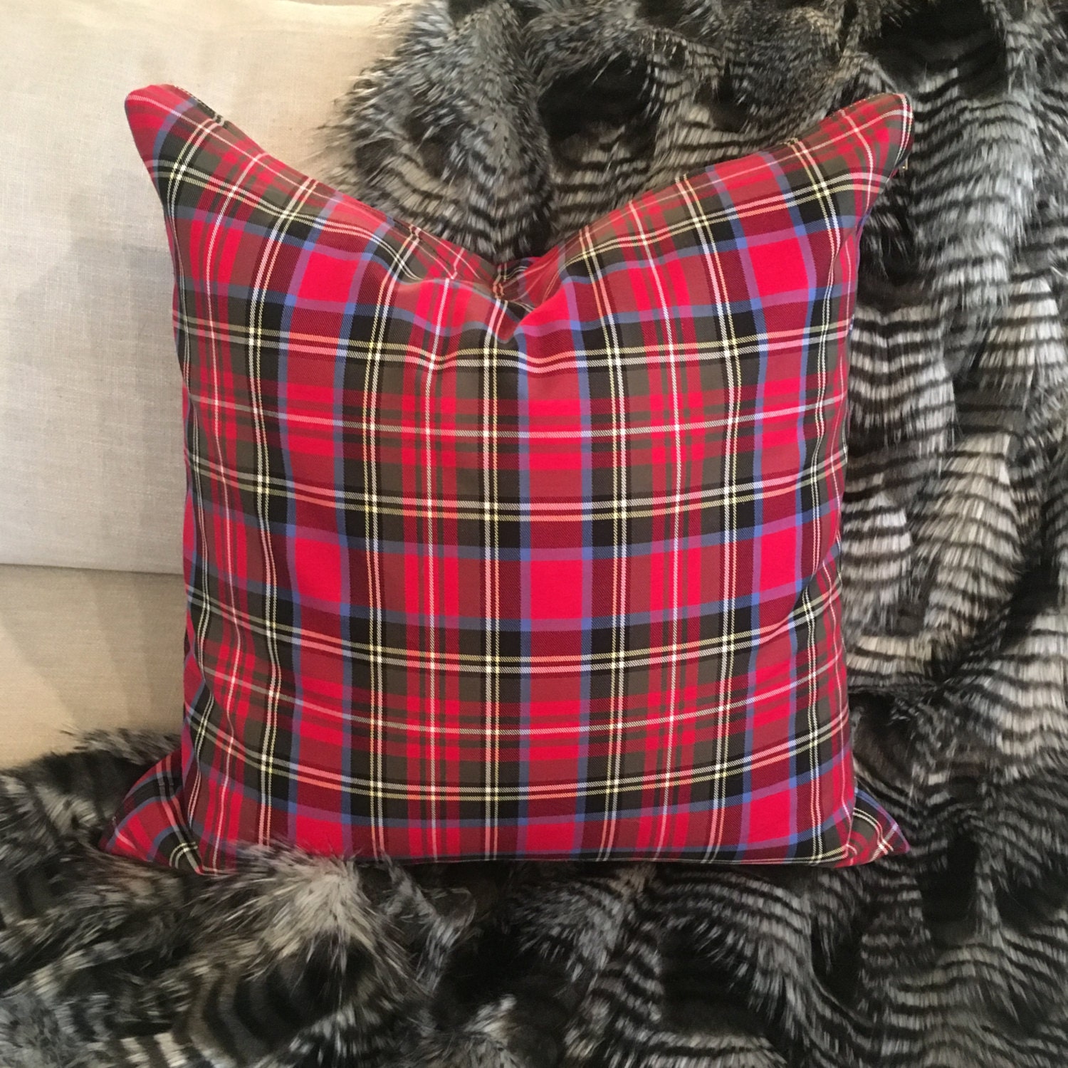Cherry Red Tartan Pillow Cover, Tartan Pillow, Christmas Plaid, Tartan