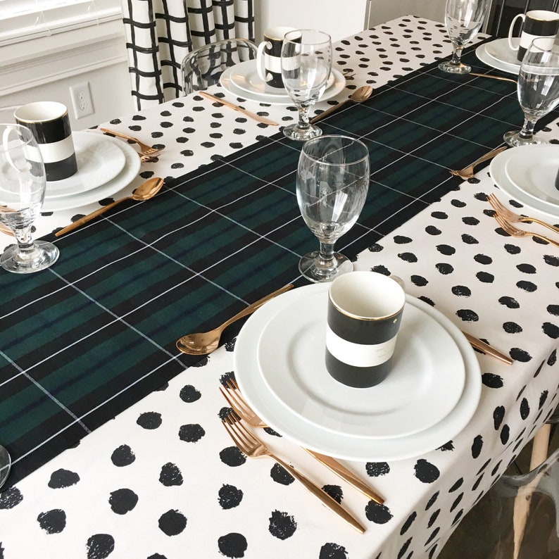 Polka Dot Tablecloth Black and White Tablecloth, Christmas Tablecloth, Holiday Table Linens, Holiday Tablecloth, Polka Dot Print Linen image 4