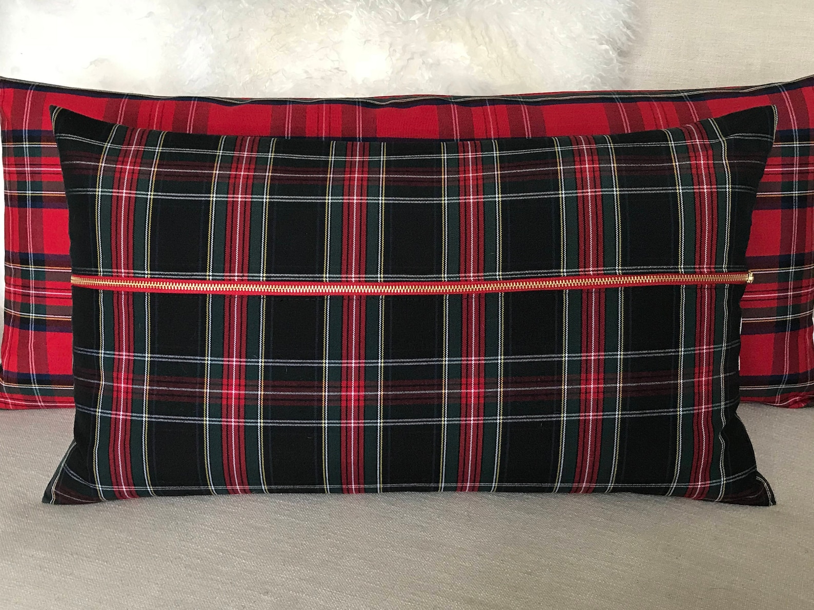 Black Tartan Lumbar Pillow Cover Christmas Plaid Pillow Etsy