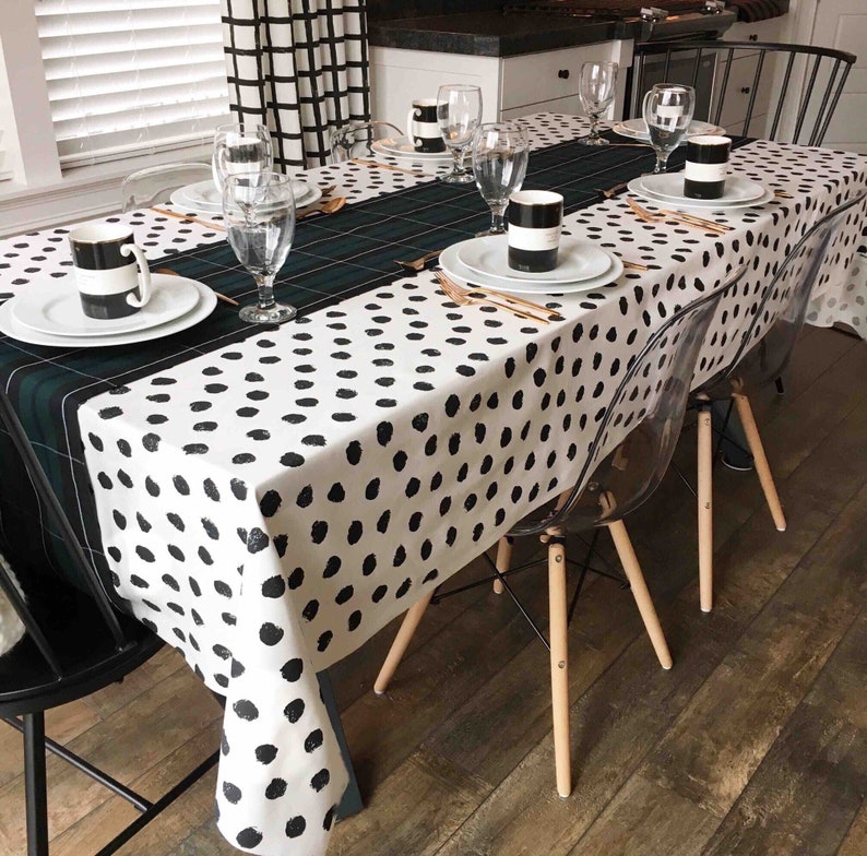 Polka Dot Tablecloth Black and White Tablecloth, Christmas Tablecloth, Holiday Table Linens, Holiday Tablecloth, Polka Dot Print Linen image 5