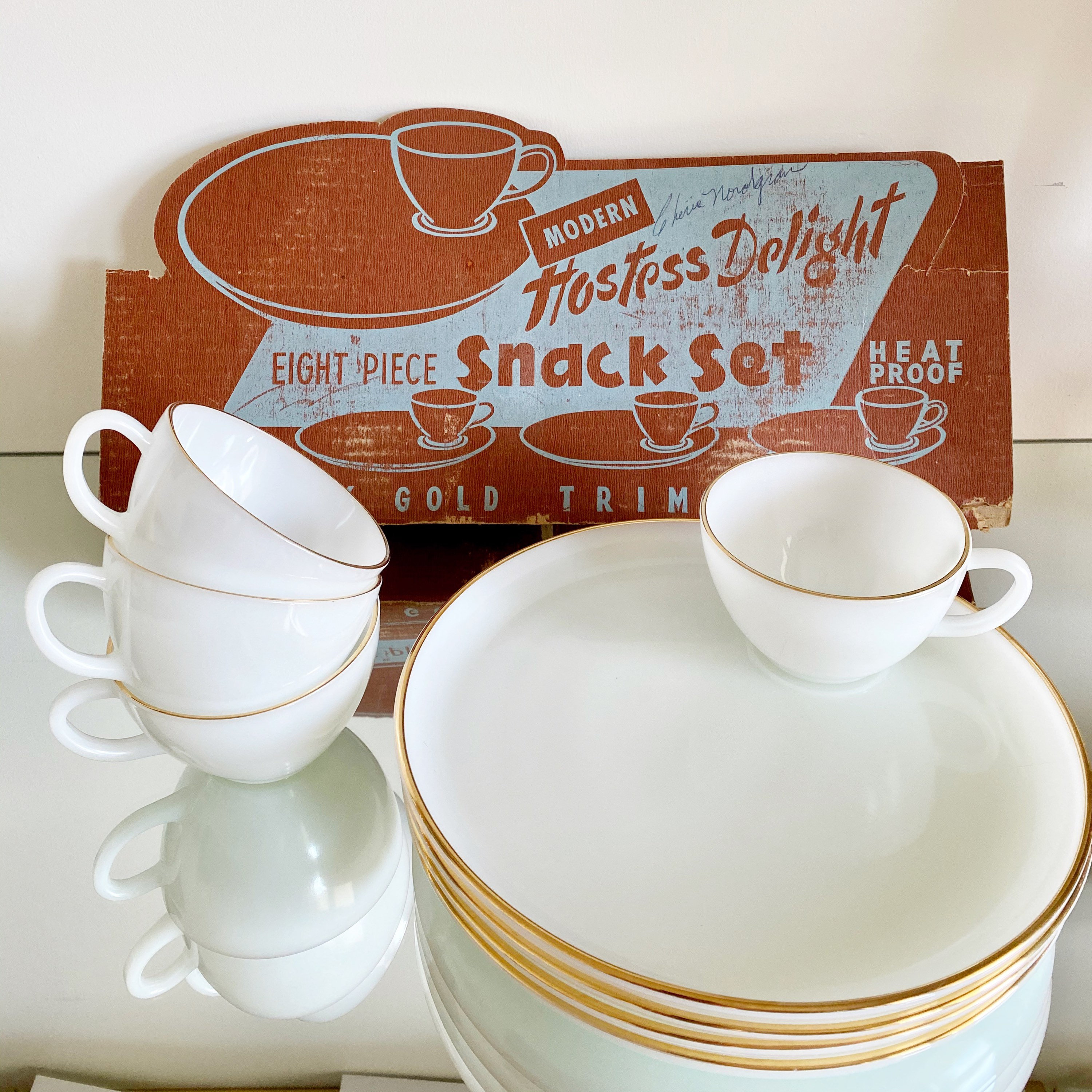 Vintage 1960s Hostess Delight Snack Set Milk Glass Snack Set by
