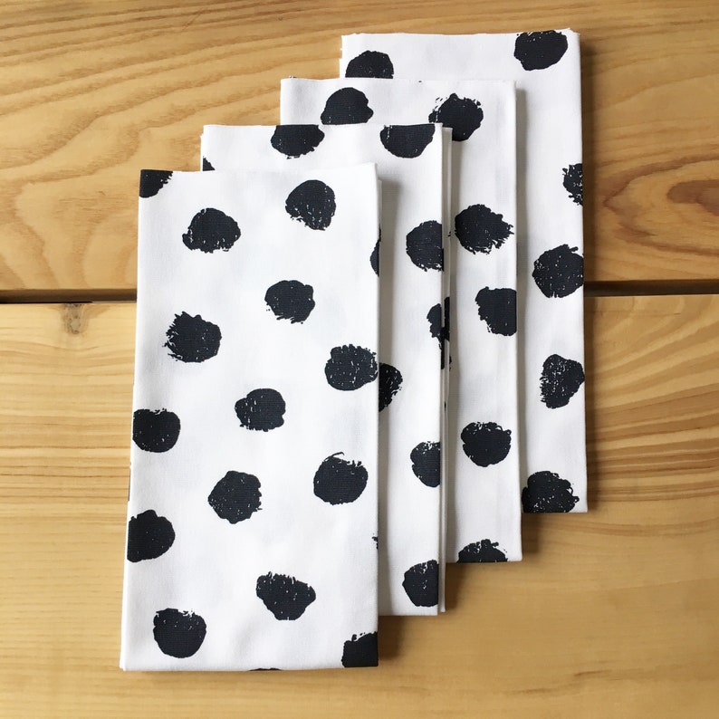 Polka Dot Napkins Set of 4, Black and White Napkins, Spotted Napkins, Pom Pom Napkins, Dot Napkins, Table Linens image 2