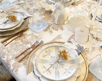 Italian Washed Cotton Tan Toile Tablecloth | Coastal Grandma Thanksgiving, Christmas, French, Round, Square, Extra Long, Extra Wide