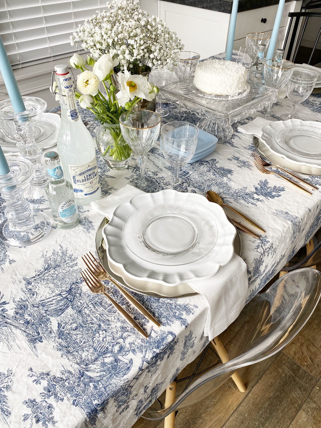 Italian Washed Cotton Blue Toile Tablecloth Wedding, Bridal