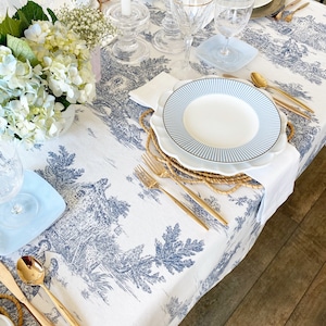 Italian Washed Cotton Blue Toile Baby Shower Tablecloth | Blue & White, Dusty Blue, French Toile, Extra Wide, Extra Long, Round, Square